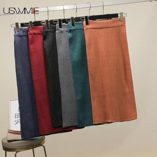 Spring Plus Size Skirt Split New Fashion Sexy Warm One Step High Wais Knitted Solid Color Elastic Waist Comfort Hip Women Skirt