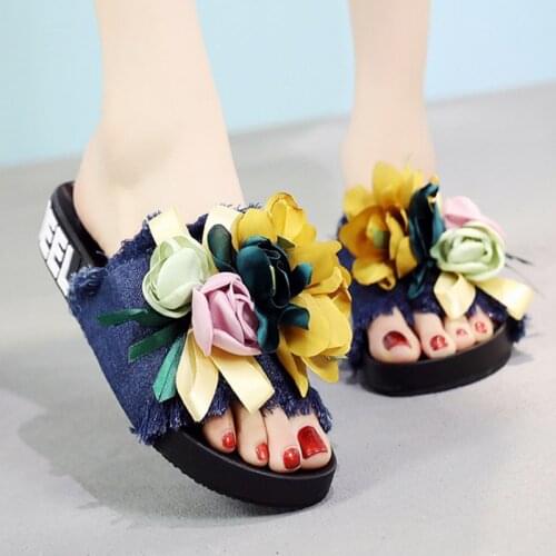 2019 denim Slippers Women Summer Flower Summer Sandals Slipper Indoor Outdoor Flip-flops Beach Shoes Female Fashion Shoes b197
