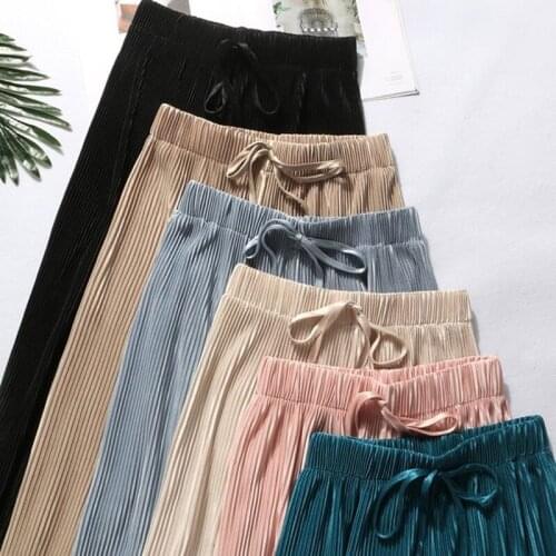 2019 Summer Spring New Fashion Tide Black Casual Loose Elastic Waist High Pleated Wide Leg Women Chiffon Loose Pants