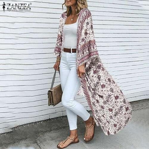 ZANZEA Summer Women Cardigan Bohemian Floral Printed Beach Party Long Kimono Open Front Holiday Blouse Shirt Robe Retro Coverups