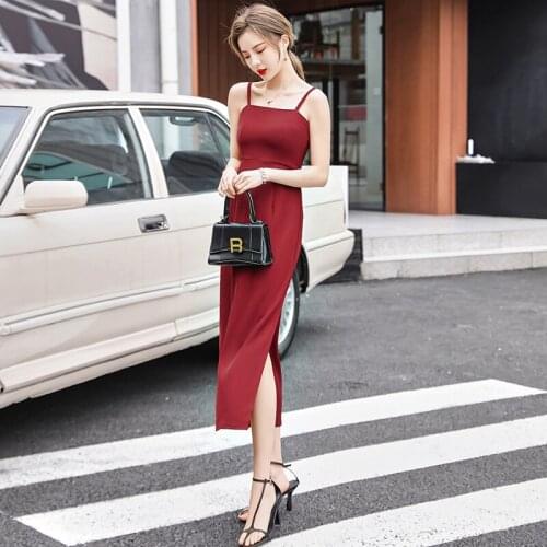 Women Spaghetti Strap Dress Sexy Split Solid Slim Lady Below the knee Fashion Vacation Vintage Wear Dresses New