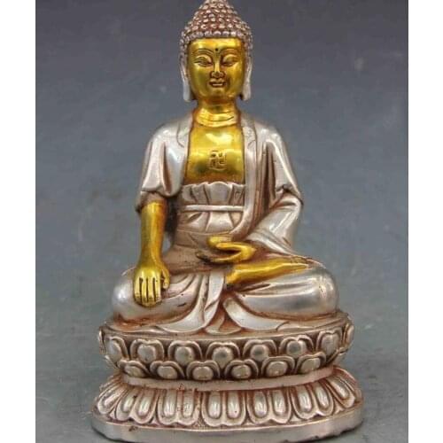 6.5 Chinese Buddhism White Copper Silver Tathagata Amitabha Rulai Buddha Statue