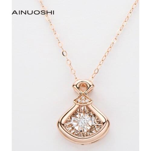 AINUOSHI 18K Rose Gold 0.028ct Real Diamond Fan Dancing Pendant Necklace Hard Gold Craft for Women Holiday Jewelry 18