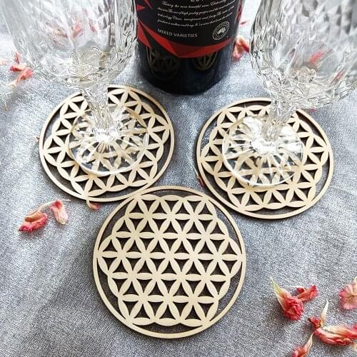 Wooden Beverage coasters，Wooden Coasters Flower Of Life , Drink Holder Wood Gift, Water Harmoniser Spiritual Beermat