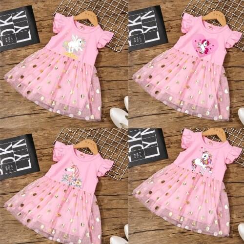 Cotton Unicorn Princess Dress Girls Sequin Mesh Tutu dress Birthday Toddler Baby Kids Elegant Party Clothes Children dress
