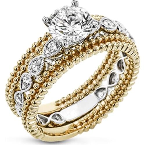 Huitan Two Tone Design 3Pcs/Set Women Finger Rings for Wedding Engagement Party Cubic Zirconia Elegant Female Fashion Jewelry