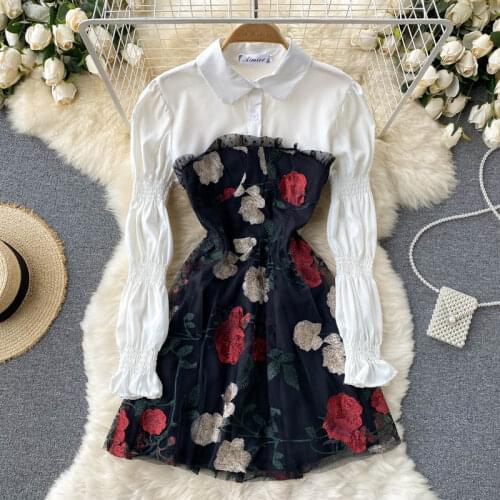 JSXDHK Autumn Contrast Color Flower Embroidery Shirt Dress Fashion Women Mesh Patchwork Rose Floral Lapel Collar Mini Dresses