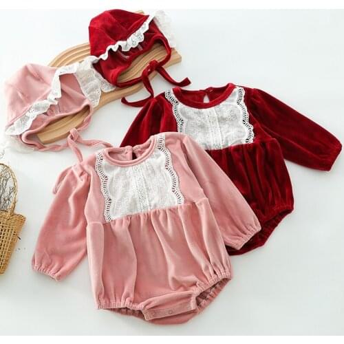 Infant Baby Girls Jumpsuit+Hat Toddler Baby Girl Romper Golden Velvet Lace Stitching Long Sleeve Spring Autumn Baby Clothes