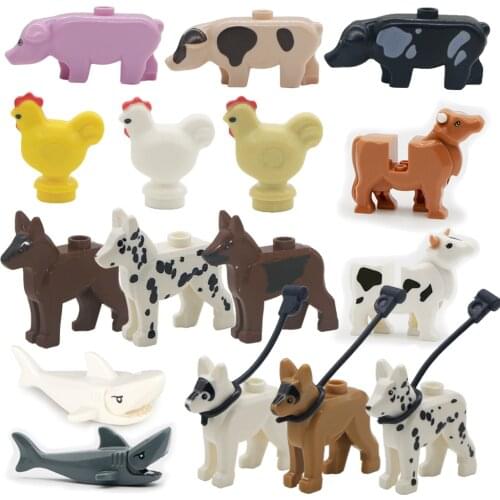 MOC Bricks Farm Animal Building Blocks Cute Pet Pig Chicken Police Dog City Accessories DIY Parts Educational Blocks Toys Kids