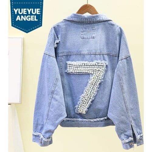 Women Spring Jacket Fashion Beading Hole Ripped Denim Short Coat Female Street Loose Long Sleeve Boyfriend Jaqueta Outwear