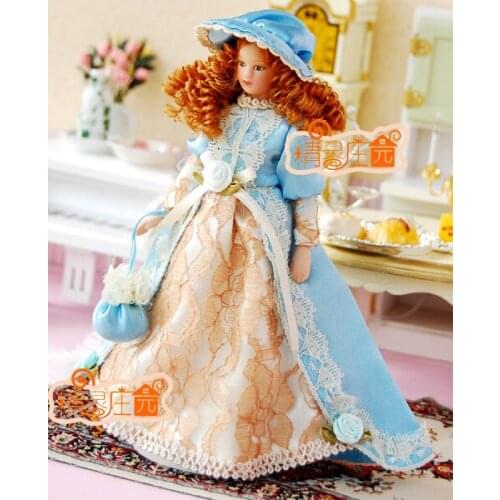 G05-X529 children baby gift Toy 1:12 Dollhouse mini Furniture Miniature rement blue dress lady 1pcs