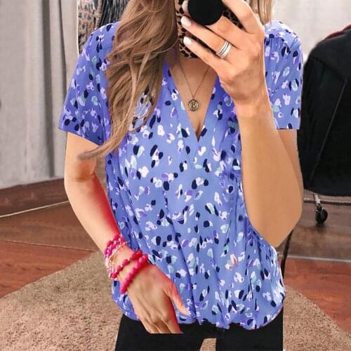 Fashion Women V Neck Short Sleeve Leopard Dot Print Casual Top Blouse