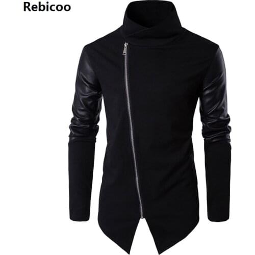 Men Hooded Sweatshirts with Leather Patchwork Hip Hop Mantle Hoodies Fashion Outwear long Sleeves Asymmetrical Mans Outwear