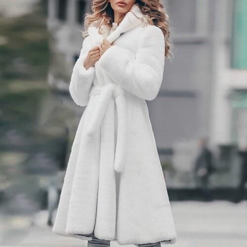 Faux Fur Coat Long Winter Thicken White Coat Lace-up Solid Color Slim Long Plush Faux Fur Hooded Warm Jacket New Fashion Outwear