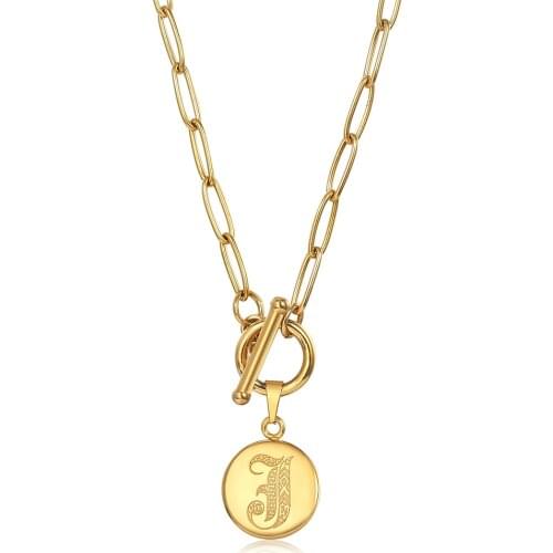 Punk Monogram Initial Letter Pendant Disc Coin Charm Necklace Gold Stainless Steel Paperclip Link Chain for Women Men Gift DN257