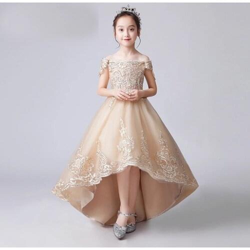 Flower Girl Dresses Boat Neck Off The Shoulder Girls Princess Dresses Champagne Appliques Lace Tulle Girls Evening Dress