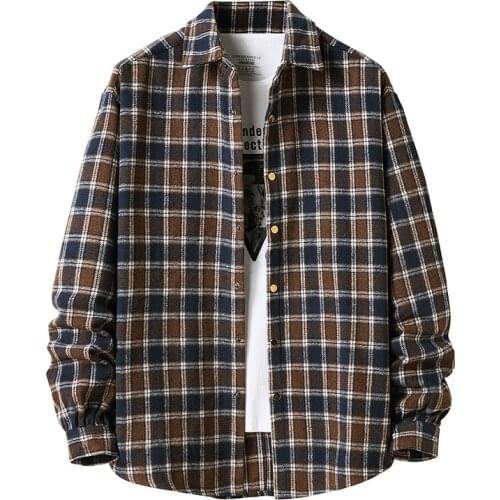 Men Harajuku Color Block Plaid Shirt Mens Streetwear Thick Shirts Long Sleeve Male Vintage Korean Fashions Clothes
