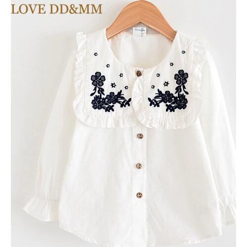 LOVE DD&MM Girls Shirts 2021 New Childrens Clothing Girls Sweet Flower Embroidery Large Lapel Cotton Long-Sleeved Shirt