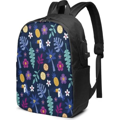 School Bag for Boy and Girl Tropical Flower Leaves Backpack with USB Charging Funny Daypack For Teenager Student