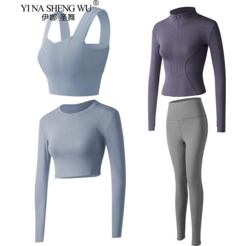 Gym 4 Piece Set Workout Clothes for Women Yoga Pants Bra and Sports Top Wear for Women Gym Clothing Athletic Yoga Sportswear Set