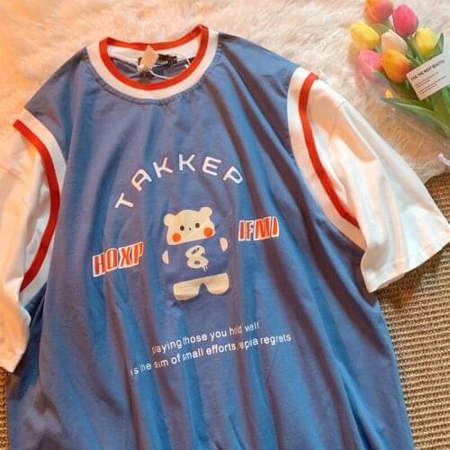 Retro Cute Bear Fake Two-piece T-shirt Men Women College Style Japanese Couple Short-sleeved long sleeve summer tops for women
