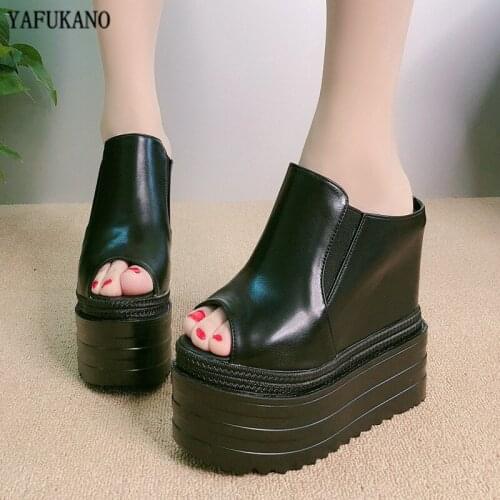 14CM Women Platform Sandals Peep Toe Wedges Slippers Summer Sexy Sandals Super High Heel Outdoor Beach Black Leather Slides