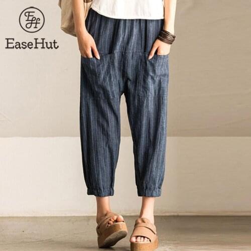 EaseHut Oversize Women Vintage High Elastic Waist Pocket Striped Baggy Harem Pants Turnip Trousers Work OL Wide Leg Pantalon