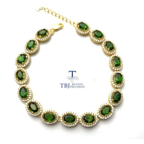 TBJ,Long natural gemstone bracelet with natural russia chrome diopside in 925 sterling silver yellow gold color with gift box