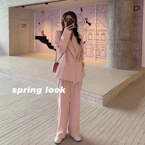 Herstory Women Spring Notched Double Breasted Blazers+High Waist Wide Leg Straight Pants 2 Pieces Sets Office Lady Outfits Suits