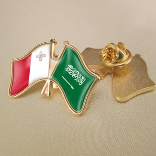 Malta and Saudi Arabia Crossed Double Friendship Flags Lapel Pins Brooch Badges