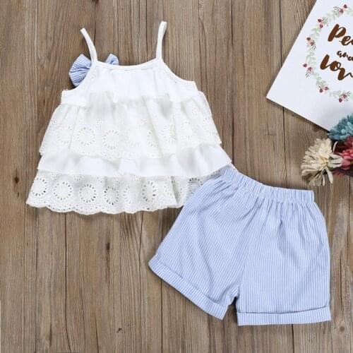 2Pcs/Set Vest Shorts Hollow Out Lace Elastic Waist Kids Girls Sleeveless Tops Stripe Shorts Set Children Clothes Going for Out