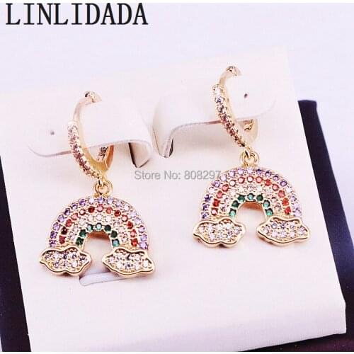 6Pair Rainbow Cubic zirconia Dangle earring paved colourful CZ delicate girl women fashion gift jewelry