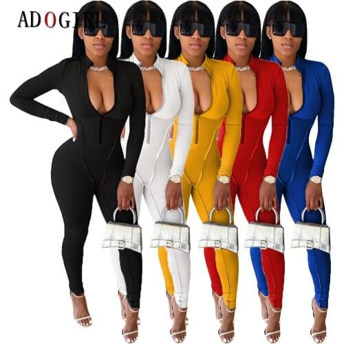 Adogirl Long Sleeve Zipper Bodycon Jumpsuit Elegant Night Party Jumpsuit Fitness Playsuit Sportswear Solid Color Rompers plus si