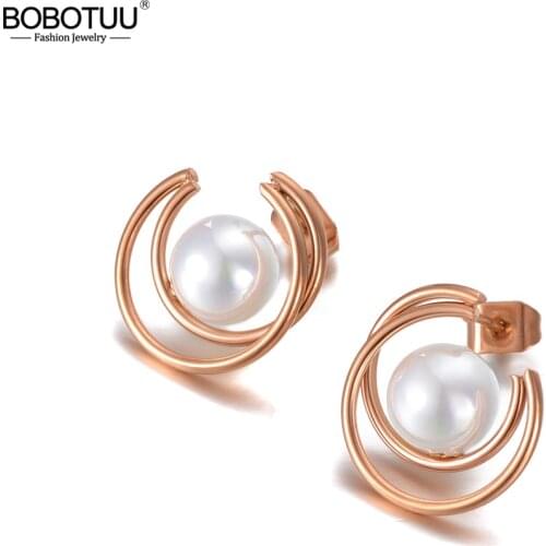 BOBOTUU Fashion Titanium Stainless Steel White Simulated Pearl Earrings For Women Geometric CZ Crystl Party Earrings BE20123