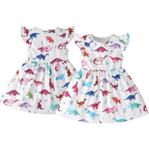 Toddler Kids Baby Girls Fly-sleeve Dresses Dinosaur Print Dress Party Princess Floral Clothes 1-6Y