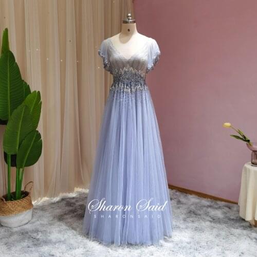 Rose Gold Arabic Evening Dress 2021 Elegant V-Neck Cap Sleeve Luxury Beaded Dubai Silver Formal Dresses Women Wedding Party Gown