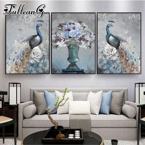 FULLCANG 5d diy diamond embroidery peacocks still life flowers painting triptych full square round drill wall decoration FC3682