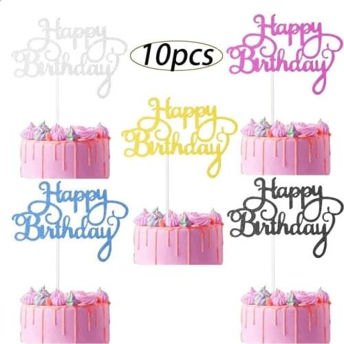 10 Pcs Glitter Cardstock Happy Birthday Cake Toppers Baby Shower Kids Birthday Party Favors Decorations Cake Decoration Supplies