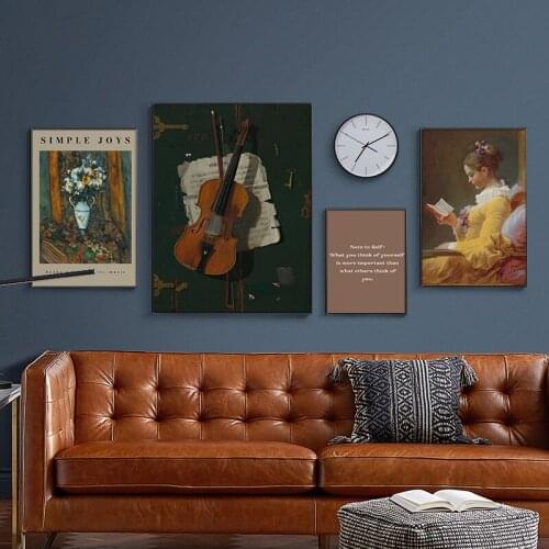 Classic Young Girl Reading Oil Painting Retro Still Life Antique Violin Print Canvas Poster Gallery Wall Art Pictures Home Decor