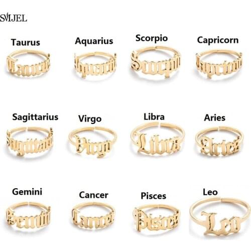 SMJEL Open Gold 12 Star Signs Finger Rings Birthday Friendship Jewelry Gift Personalize Custom Zodiac Rings For Women Bague 2021