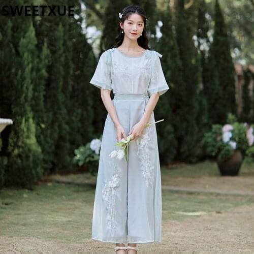 SWEETXUE Two-Piece Sets Womens Summer Retro Short-Sleeved Top + Green Overalls Hanfu Chiffon Suit Fashion Casual Lady