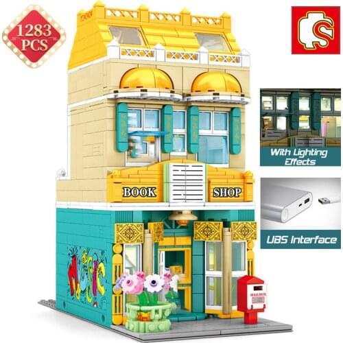 SEMBO Creator Architecture Street View Building Blocks with Light Diy European Style Bookstore Model Bricks Assembly Toys Gift