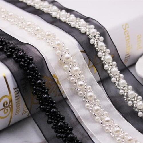 New 1Yards/lot White/Black handmade beaded pearl lace Ribbon DIY wedding / womens / home soft / childrens clothing / headwear