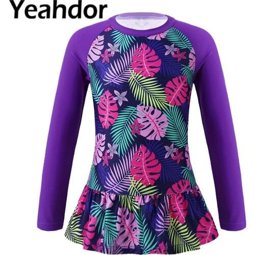 Swimwear Tops for Kids Girls Print Swimsuit Round Neck Long Sleeves Ruffle Trim Swimming Tops for Beach Pool Swimming Bathing