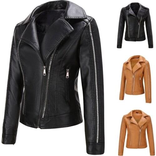 2019 Fashion Spring Autumn Leather Jacket Women PU Short Coat Long sleeve Rivet Diagonal zipper Motorcycle Outerwear female 2946