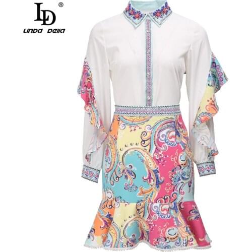 LD LINDA DELLA Autumn Women Vintage Skirts 2 Piece Suit Ladies Elegant Loose White Shirt Tops＋Slim Mermaid Short Skirts Set