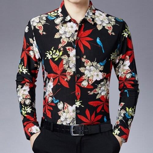 Floral Print Long Sleeve Men Shirts Casual Maple Flower Mens Shirt Soft Men Work Business Brand Shirt Chemise Homme Camisas