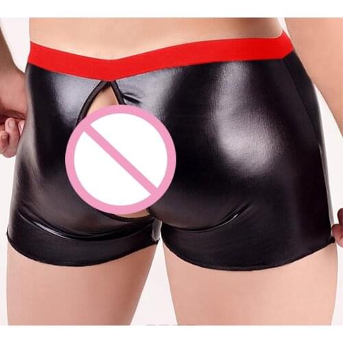 Men Underwear Boxer Shorts Sexy Black Red Wetlook Faux Leather Crotchless Boxer Gay Fetish Erotic Open Crotch Boxer Homme