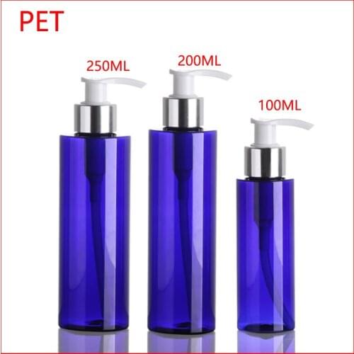 100/200/250ML PET blue plastic bottle w white Press Lotion Pump shampoo Cosmetics container empty Refillable Bottles silver