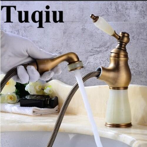 Vidric Hot and cold Gold finish Pull out bathroom basin faucet Brass and Jade bathroom sink tap with pull out shower head style